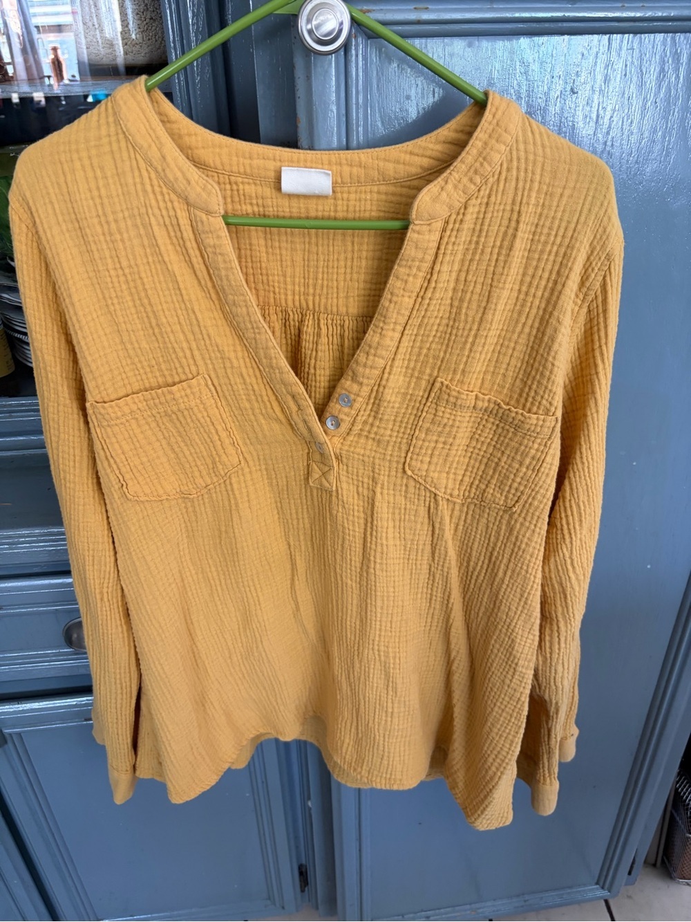 Relaxed Gauze Henley Tunic Top in Mustard